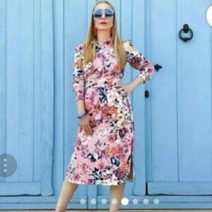 Zara Pink Floral Button Spring Shirt Dress with belt